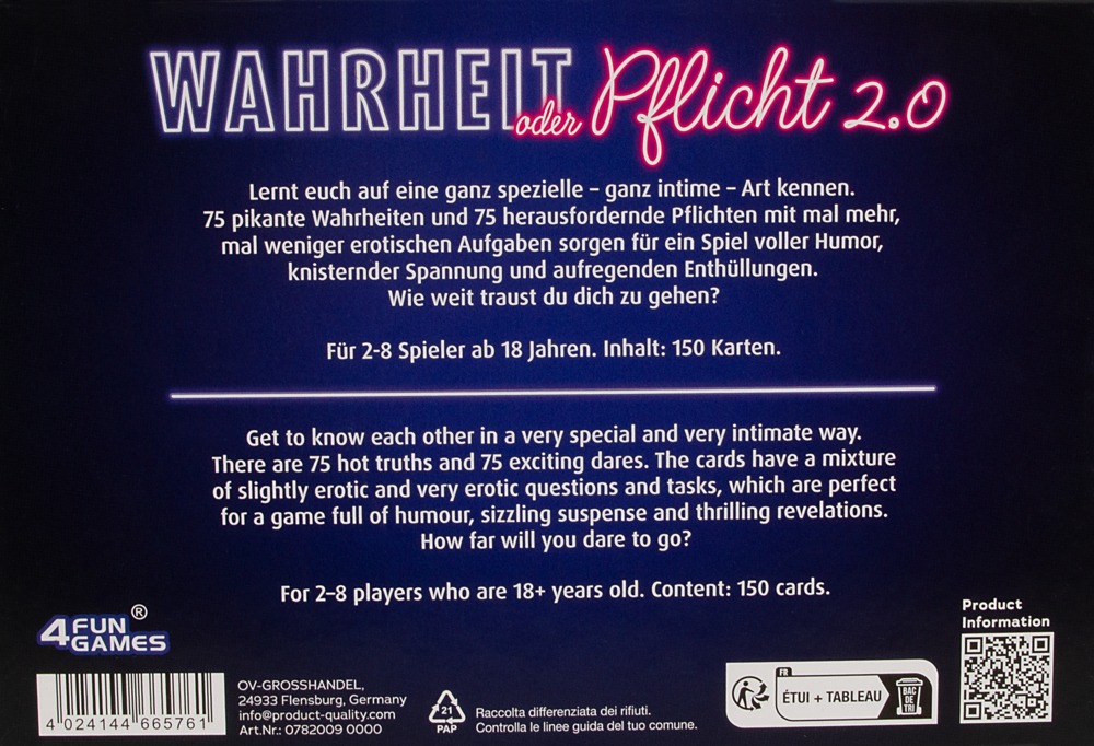 Erotisches Kartenspiel Wahrheit oder Pflicht für 2–8 Personen