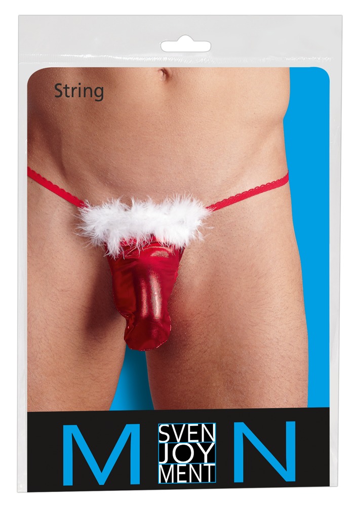 Herren-Weihnachtsstring in Rot mit Federbesatz – Svenjoyment
