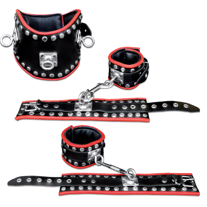 Leder Fesselset Rot/Schwarz mit drehbaren Edelstahlringen